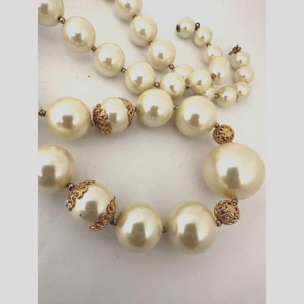 Vintage Faux Pearl Necklace with Gold Filigree Accents – 28"